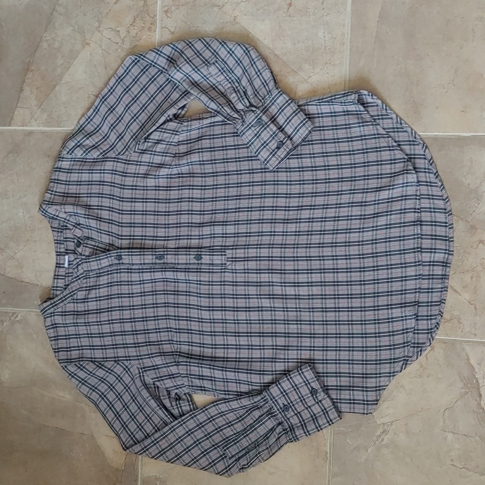 Grey, Black & Pink Plaid Henley-Style Blouse